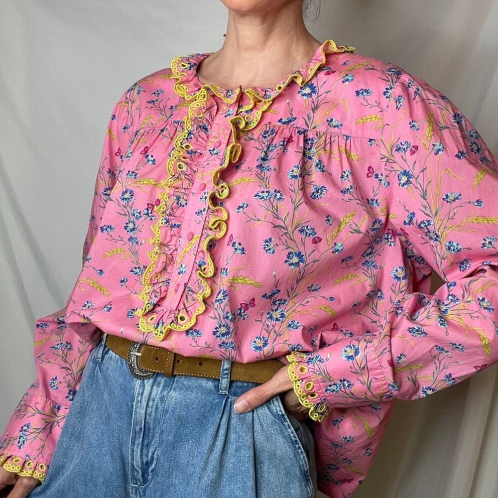 J. Crew Women Pink Floral Liberty Fabric Peasant Blouse Sz S Embroidered Details